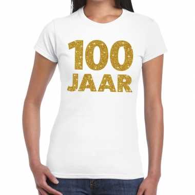 100 jaar goud glitter verjaardag/jubileum kado shirt wit dames