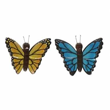 2x vlinder magneten geel en blauw van hout