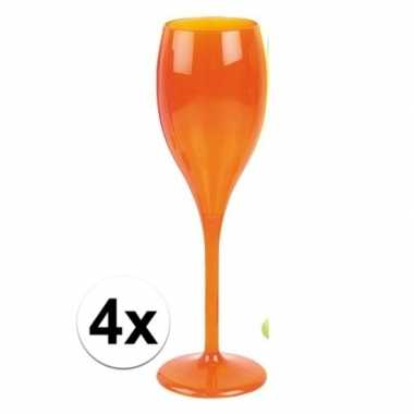 4x champagne glazen neon oranje plastic