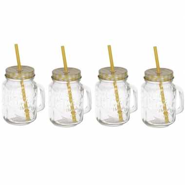 4x mason jars/smoothie bekers geel met rietje 500 ml