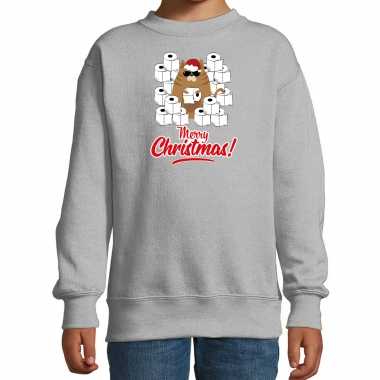 Foute kerstsweater / outfit met hamsterende kat merry christmas grijs voor kinderen