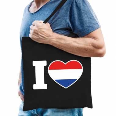 Katoenen holland tasje i love nederland zwart