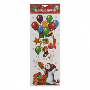 Kerst decoratie raamstickers sneeuwpop met ballonnen 42 cm