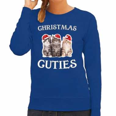 Kitten kerst sweater / outfit christmas cuties blauw voor dames