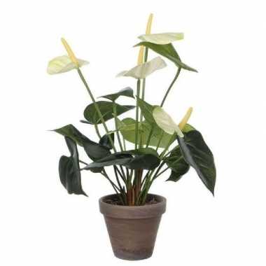 Kunstplant anthurium wit in grijze pot 27 cm