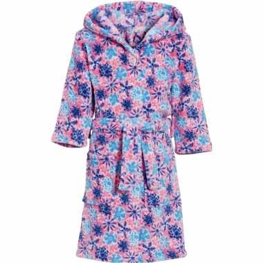 Luxe fleece roze badjas met bloemen motief voor meisjes