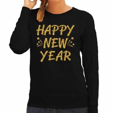 Oud en nieuw trui / sweater happy new year goud op zwart dames