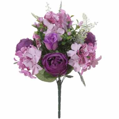 Paarse hortensia/rozen/pioenrozen hydrangea/rose/paeonia mix boeket kunstbloemen 35 cm