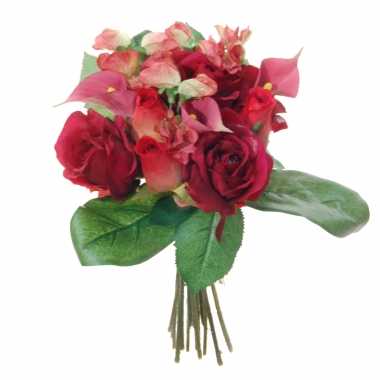 Rode rozen en callalelie rosa/zantedeschia mix boeket kunstbloemen 28 cm