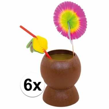 Set van 6x hawaii/tropische party kokosnoot drinkbekers