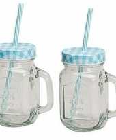 Feest 2x blauw witte glazen drinkpotjes met rietje 450 ml