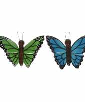 Feest 2x houten dieren magneten groene en blauwe vlinder