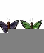 Feest 2x houten dieren magneten groene en paarse vlinder