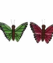 Feest 2x houten dieren magneten groene en roze vlinder