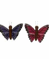 Feest 2x houten dieren magneten paarse en roze vlinder