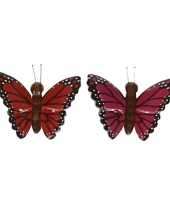 Feest 2x houten magneten vlinders rood en roze