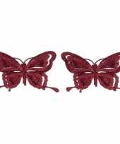 Feest 2x kerst decoratie vlinders bordeaux rood 14 x 10 cm