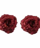 Feest 2x kerstboomversiering bloem op clip rode glitter roos 18 cm