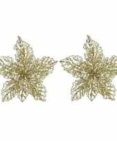 Feest 2x kerstboomversiering op clip gouden glitter bloem 23 cm