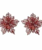 Feest 2x kerstboomversiering op clip rode glitter bloem 23 cm