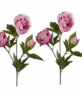 Feest 2x kunstbloem pioenroos roze met 3 takken