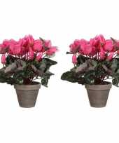 Feest 2x roze cyclaam kunstplanten 30 cm in grijze pot
