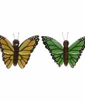 Feest 2x vlinder magneten geel en groen van hout
