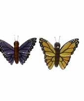 Feest 2x vlinder magneten geel en paars van hout