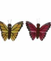 Feest 2x vlinder magneten geel en roze van hout