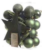 Feest 33x donkergroene kerstballen met ster piek 5 6 8 cm kunststof mi