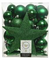 Feest 33x kerstgroene kerstballen met ster piek 5 6 8 cm kunststof mi