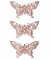 Feest 3x kerst decoratie vlinder roze 15 x 11 cm