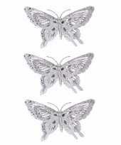Feest 3x kerst decoratie vlinder zilver 15 x 11 cm