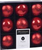 Feest 9x kerstboomversiering luxe kunststof kerstballen rood 6 cm