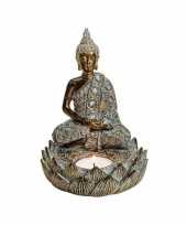 Feest boeddha beeld bruin met theelichthouder 15 cm