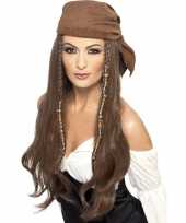 Feest bruine piratenpruik met bandana voor dames