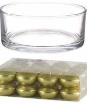 Feest cadeau set lage luxe vaas 19 cm met gouden drijfkaarsen