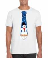 Feest fout kerst t-shirt wit met sneeuwpop stropdas voor heren