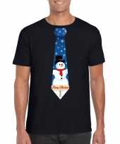 Feest fout kerst t-shirt zwart met sneeuwpop stropdas voor heren