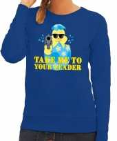 Feest fout paas sweater blauw take me to your leader voor dames