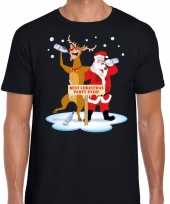 Feest foute kerst t-shirt dronken kerstman en rudolf zwart heren