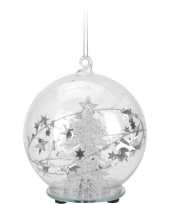 Feest glazen kerstbal 8 cm met kerstboom en led verlichting