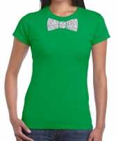 Feest groen fun t-shirt met vlinderdas in glitter zilver dames