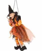 Feest halloween heks hangdecoratie pop oranje zwart 45 cm halloween versiering