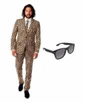 Feest heren kostuum met luipaard print maat 56 3xl met gratis zonneb