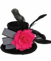 Feest hoge zwarte mini hoedje met roos en veren op clip voor dames