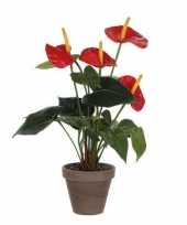 Feest kunstplant anthurium rood in grijze pot 40 cm