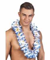 Feest luxe blauw witte hawaiikrans 50 cm