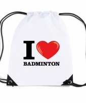 Feest nylon i love badminton rugzak wit met rijgkoord