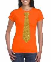Feest oranje fun t-shirt met stropdas in glitter goud dames